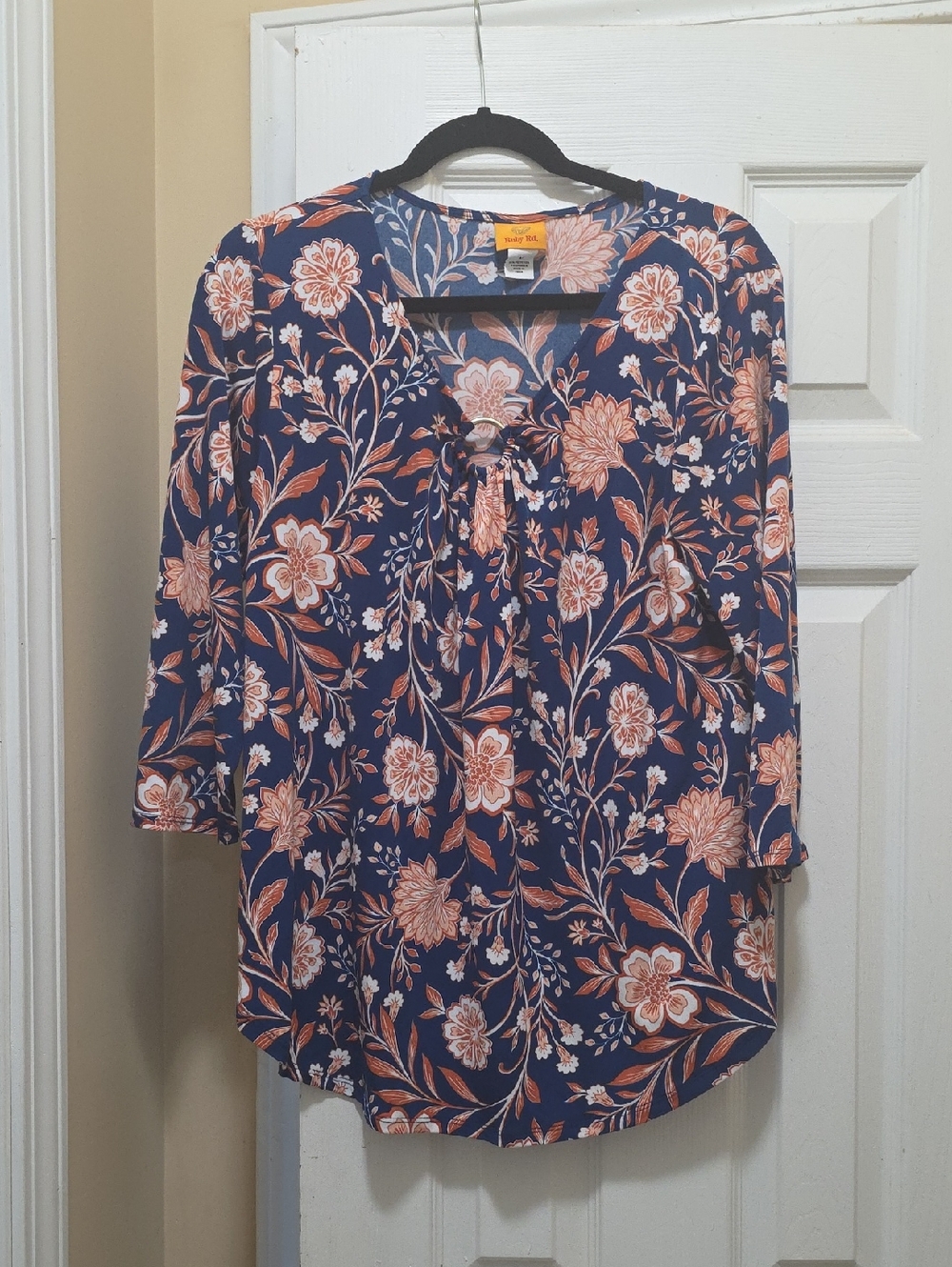 Ruby Rd. Navy Tunic with Coral Floral Print and Tie Detail